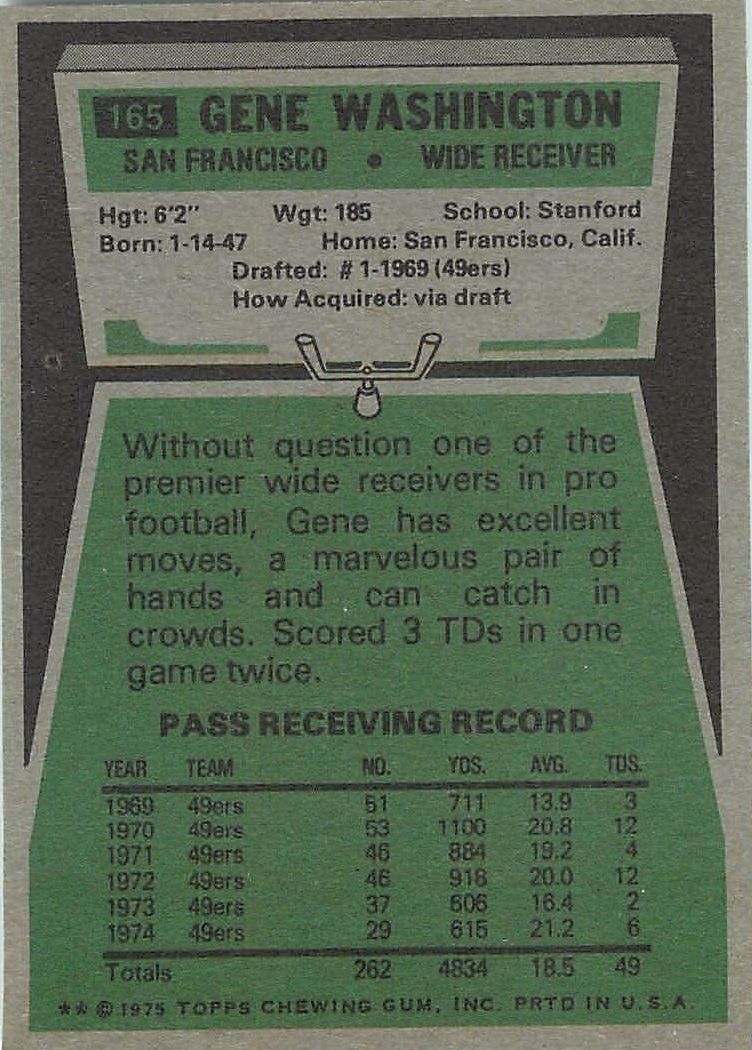 1975 Topps #165 Gene Washington 49er back image