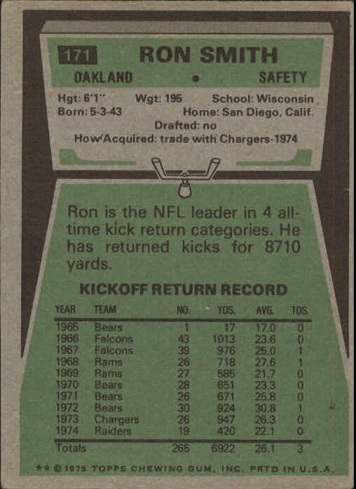 1975 Topps #171 Ron Smith back image