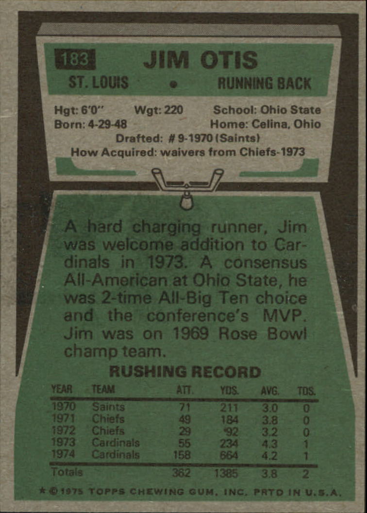 1975 Topps #183 Jim Otis RC back image