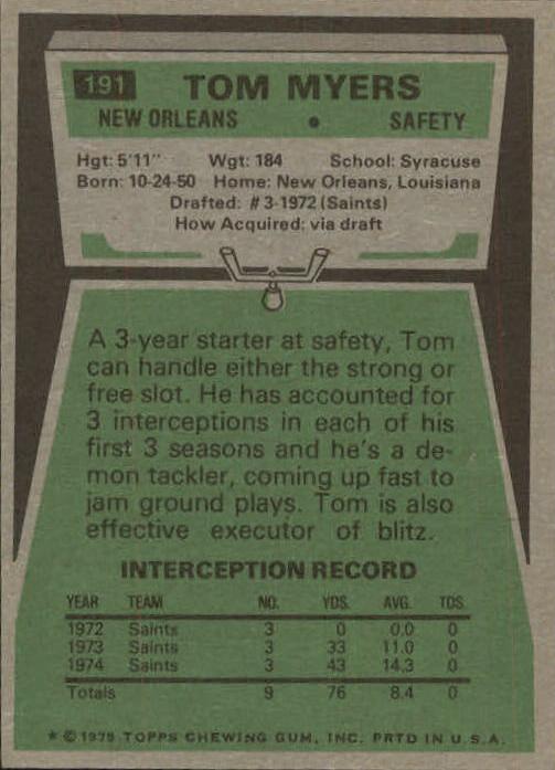 1975 Topps #191 Tom Myers back image