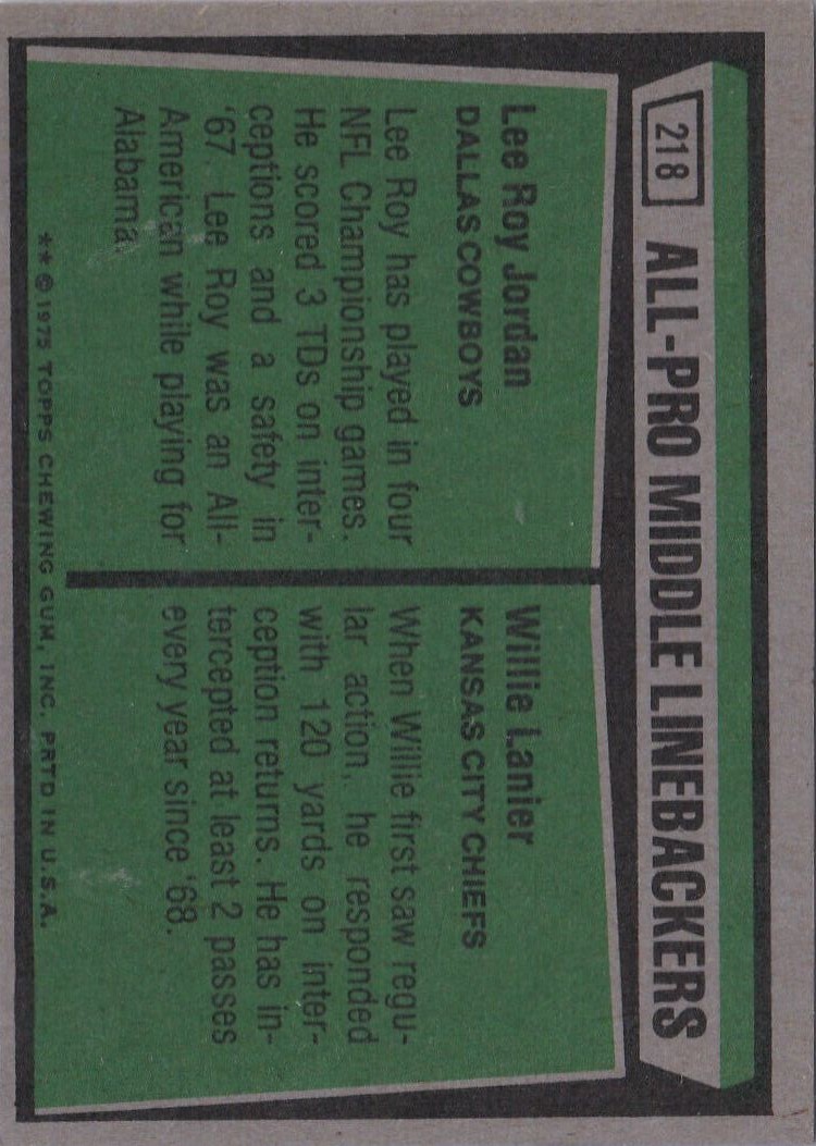 1975 Topps #218 All Pro Linebackers/Lee Roy Jordan/Willie Lanier back image
