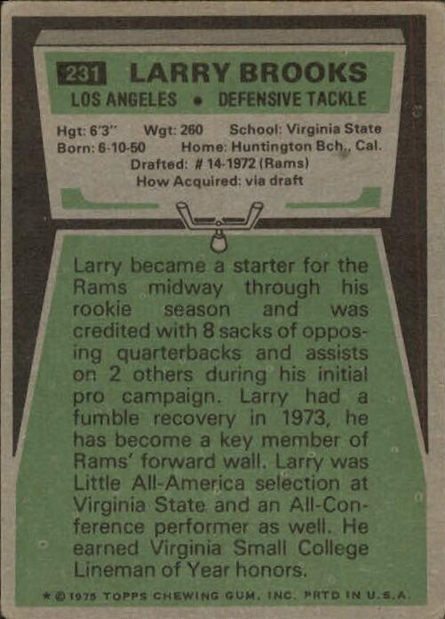 1975 Topps #231 Larry Brooks back image