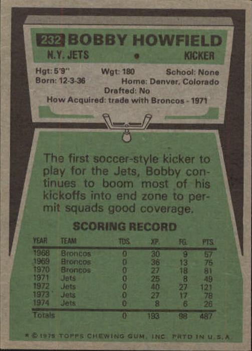 1975 Topps #232 Bobby Howfield back image