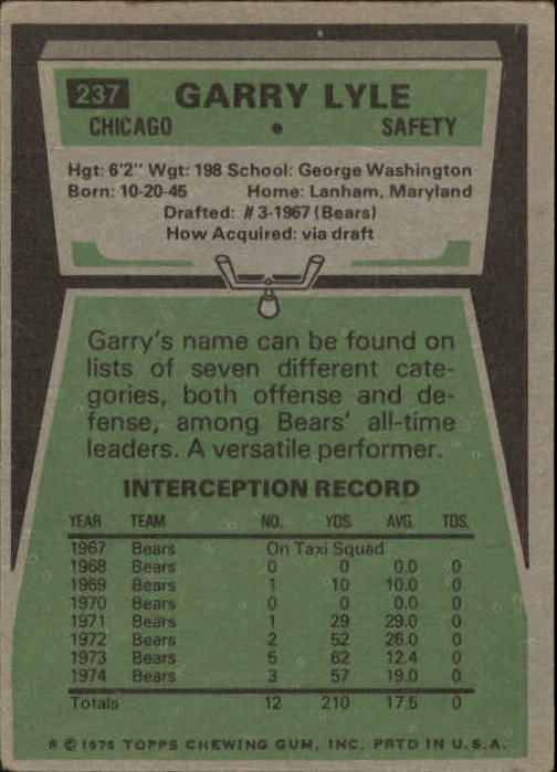 1975 Topps #237 Garry Lyle back image