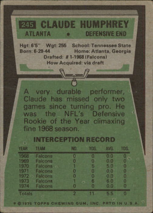 1975 Topps #245 Claude Humphrey back image
