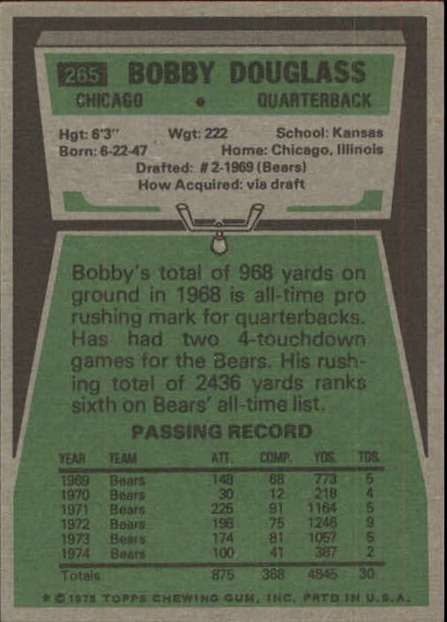 1975 Topps #265 Bobby Douglass back image