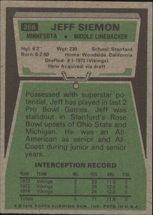 1975 Topps #268 Jeff Siemon back image