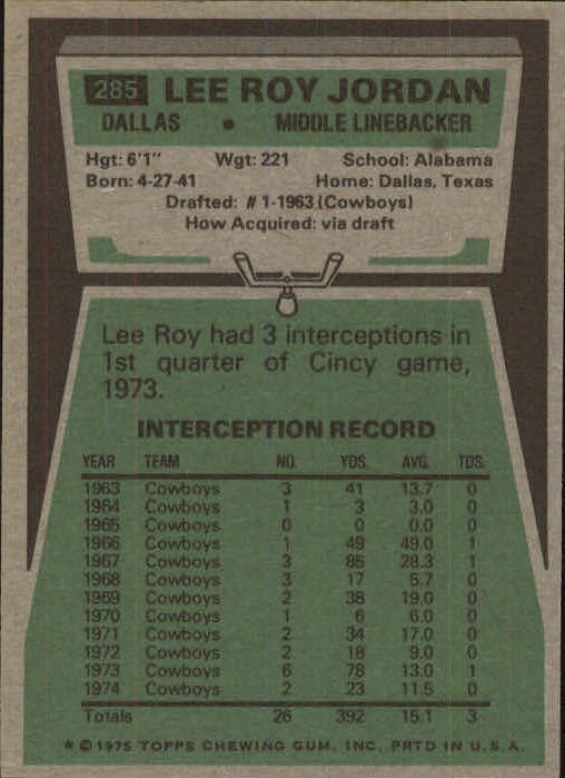 1975 Topps #285 Lee Roy Jordan back image