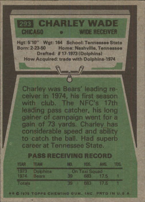1975 Topps #293 Charley Wade RC back image