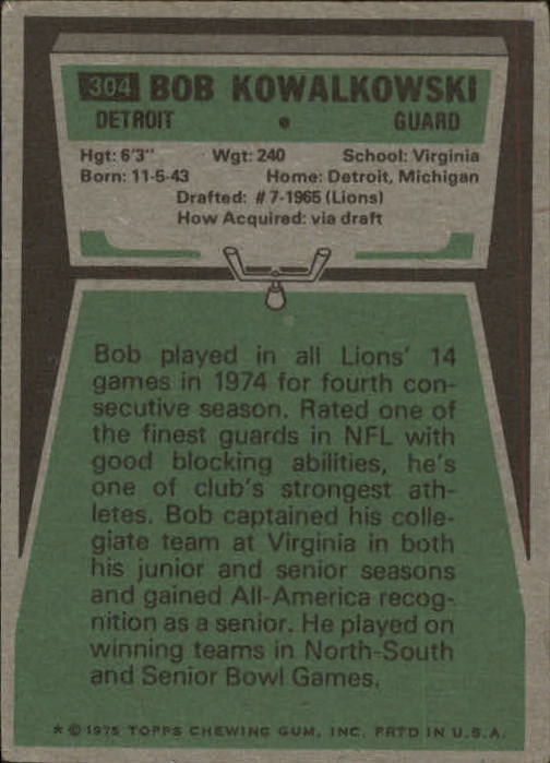 1975 Topps #304 Bob Kowalkowski back image