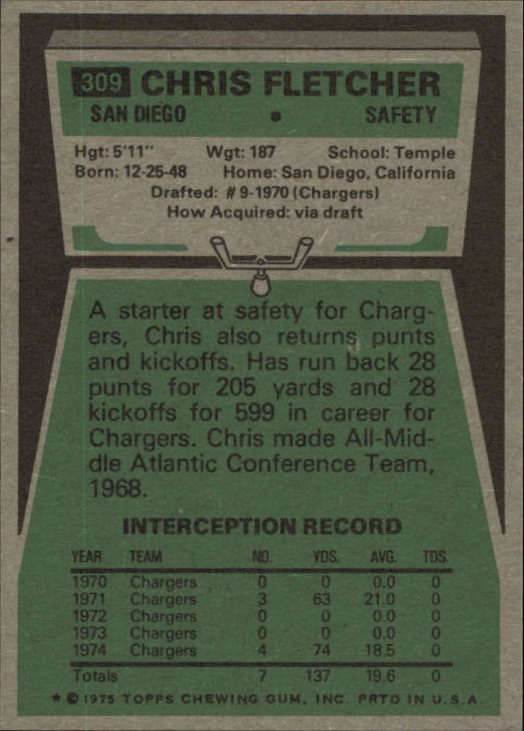 1975 Topps #309 Chris Fletcherv RC back image