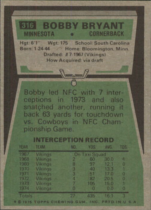 1975 Topps #316 Bobby Bryant back image