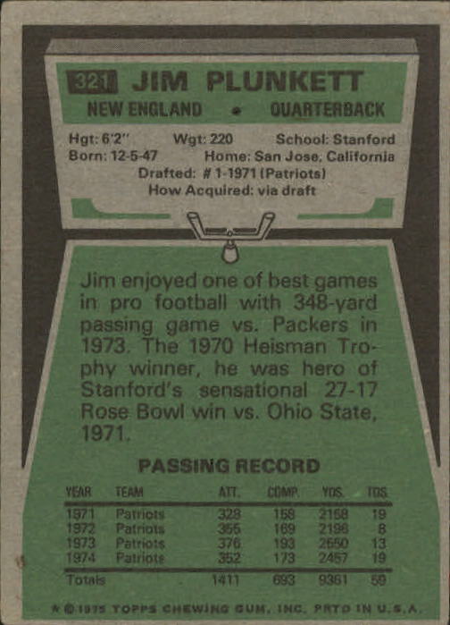 1975 Topps #321 Jim Plunkett back image