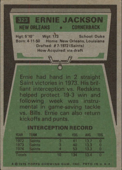 1975 Topps #323 Ernie Jackson back image