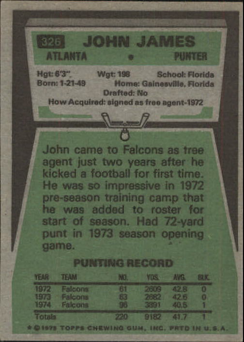 1975 Topps #326 John James back image