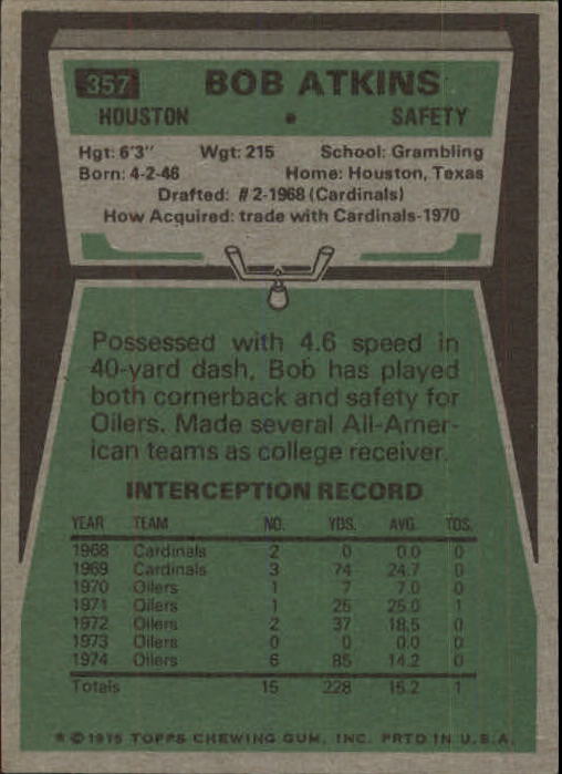 1975 Topps #357 Bob Atkins back image