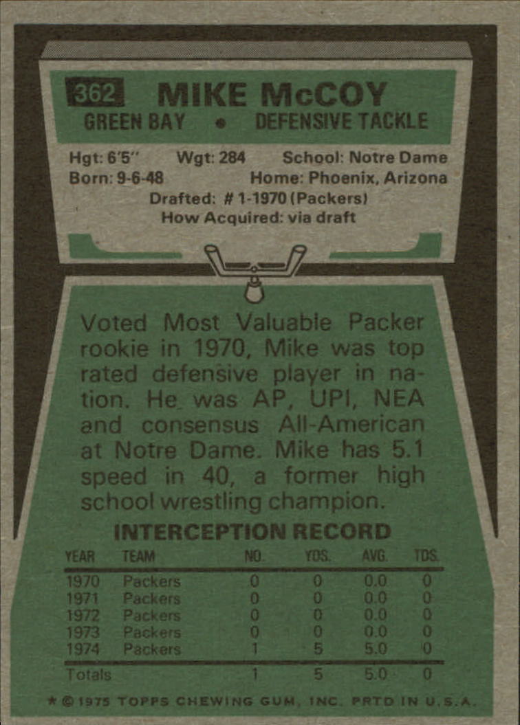 1975 Topps #362 Mike McCoy DT back image