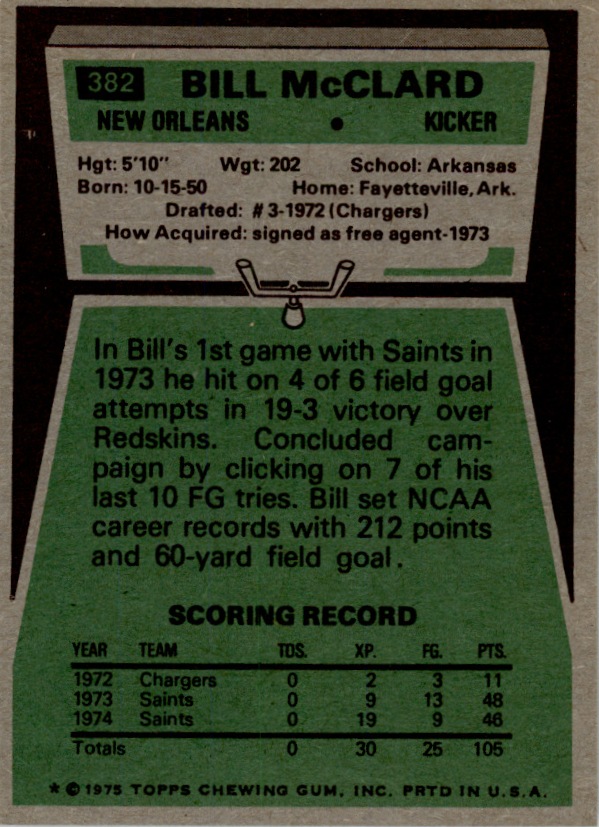 1975 Topps #382 Bill McClard RC back image