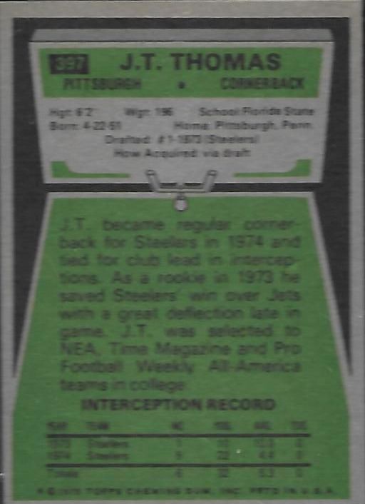 1975 Topps #397 J.T. Thomas RC back image