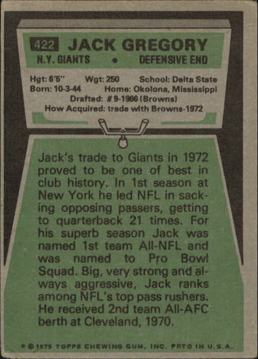 1975 Topps #422 Jack Gregory back image