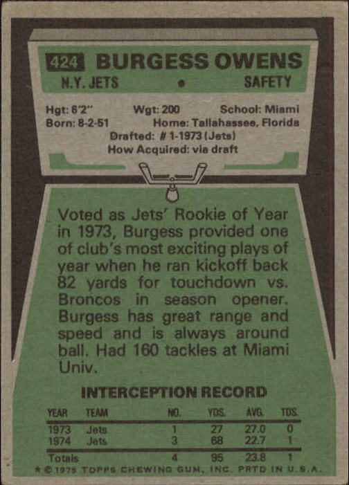 1975 Topps #424 Burgess Owens back image