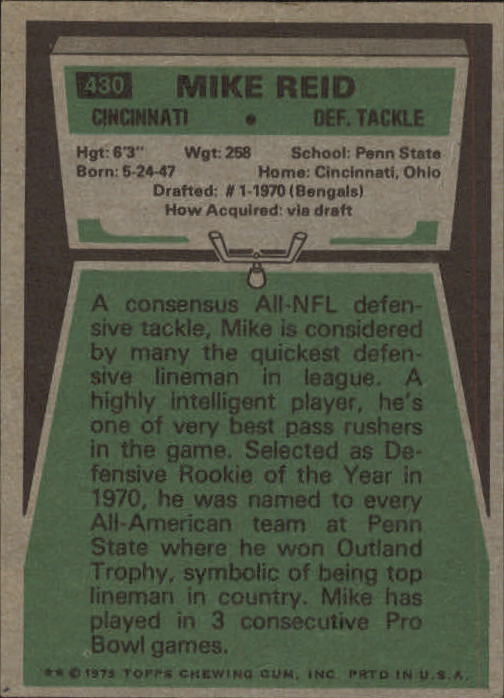 1975 Topps #430 Mike Reid back image