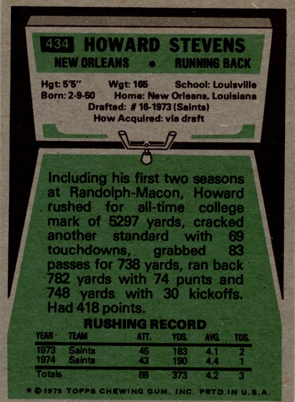 1975 Topps #434 Howard Stevens RC back image