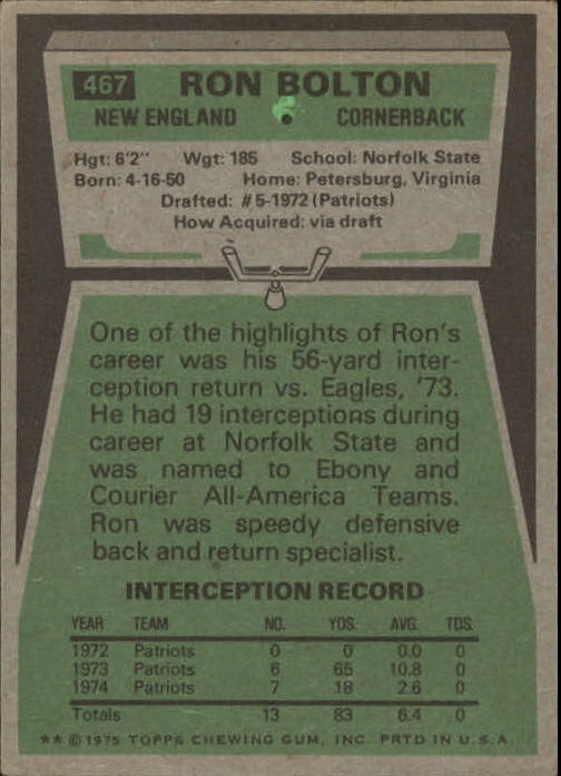 1975 Topps #467 Ron Bolton back image