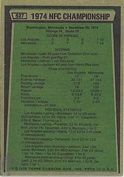 1975 Topps #527 NFC Champs/Minnesota 14;/Los Angeles 10/(Chuck Foreman tackled) back image