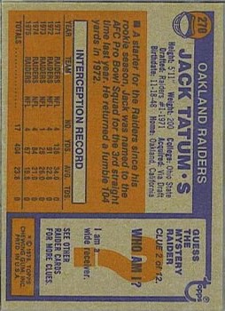 1976 Topps #270 Jack Tatum back image