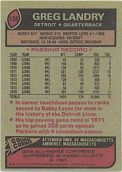 1977 Topps #136 Greg Landry back image