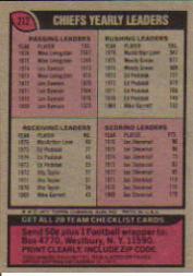 1977 Topps #212 Kansas City Chiefs/Team Checklist back image