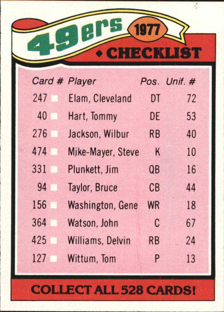 1977 Topps #225 San Francisco 49ers/Team Checklist
