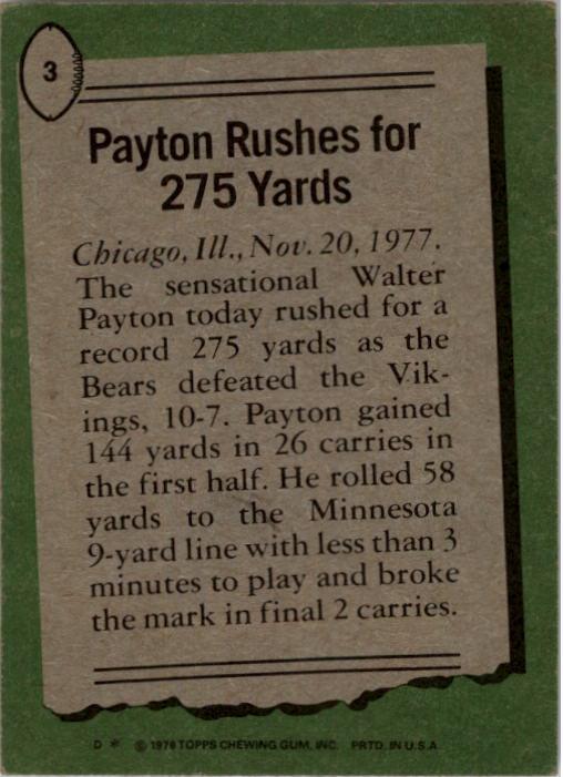 1978 Topps #3 Walter Payton HL/Rushes for 275 Yards back image