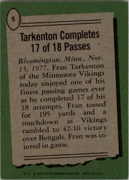 1978 Topps #5 Fran Tarkenton HL/Completes 17 of 18 back image