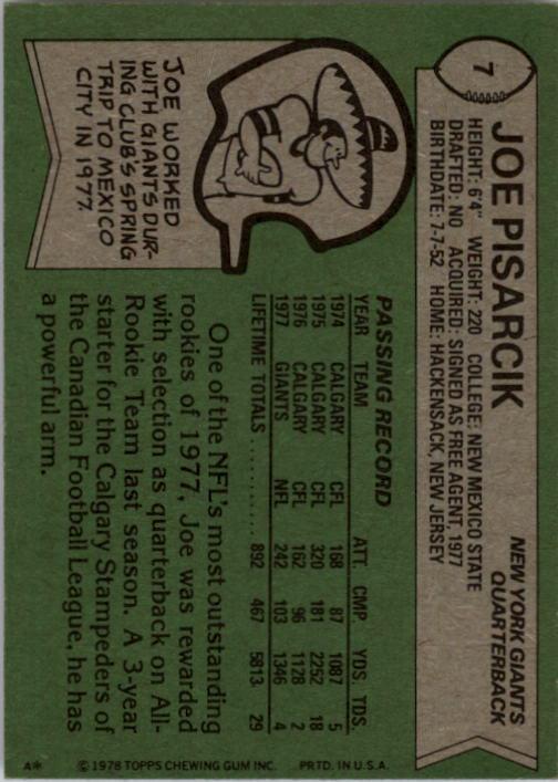 1978 Topps #7 Joe Pisarcik RC back image