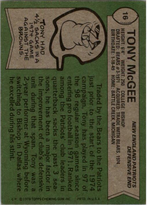 1978 Topps #16 Tony McGee DT back image