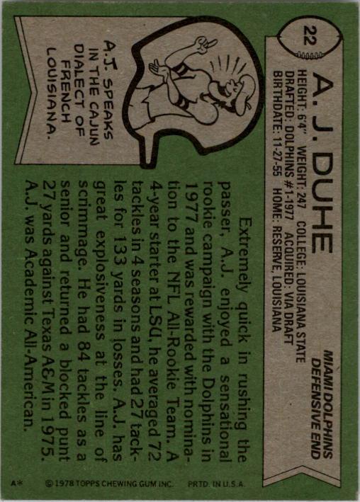1978 Topps #22 A.J. Duhe RC back image