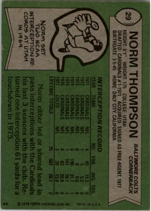 1978 Topps #29 Norm Thompson back image