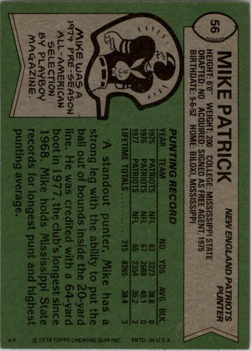 1978 Topps #56 Mike Patrick back image