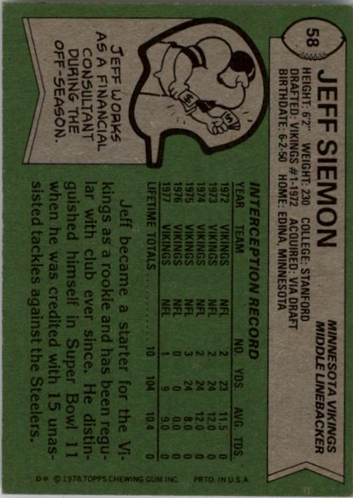 1978 Topps #58 Jeff Siemon back image