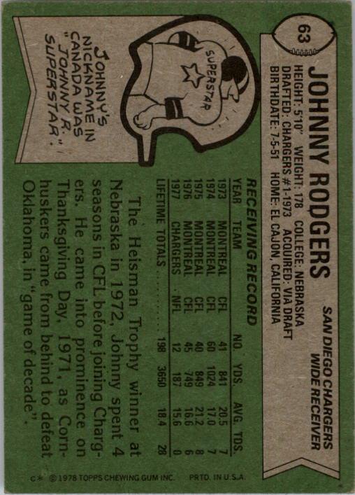 1978 Topps #63 Johnny Rodgers RC back image