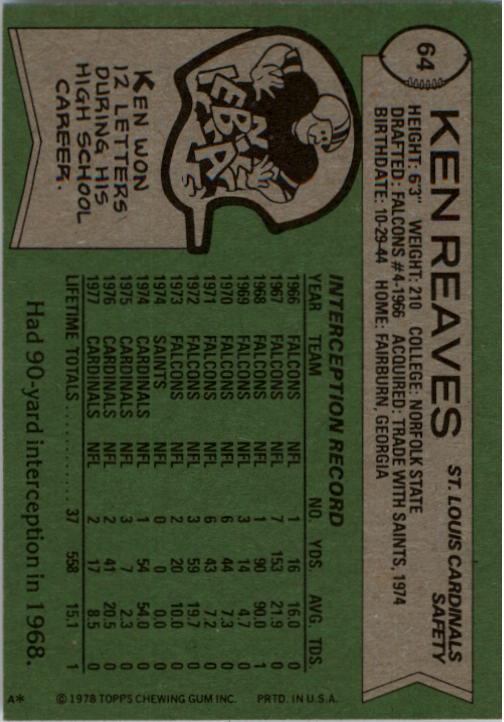 1978 Topps #64 Ken Reaves back image