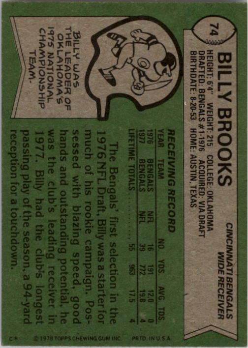 1978 Topps #74 Billy Brooks RC back image
