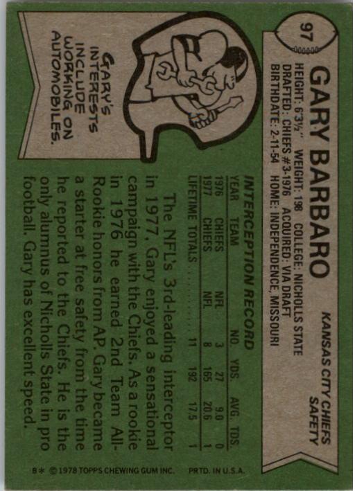 1978 Topps #97 Gary Barbaro RC back image