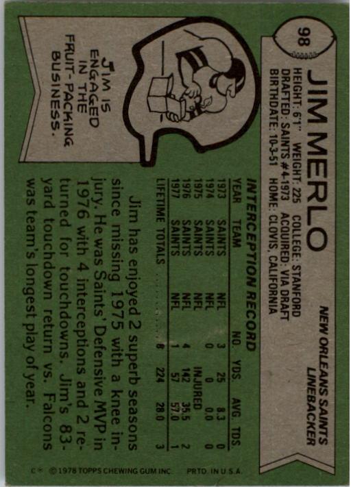 1978 Topps #98 Jim Merlo back image