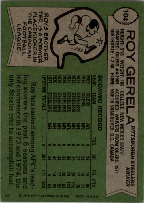 1978 Topps #104 Roy Gerela back image