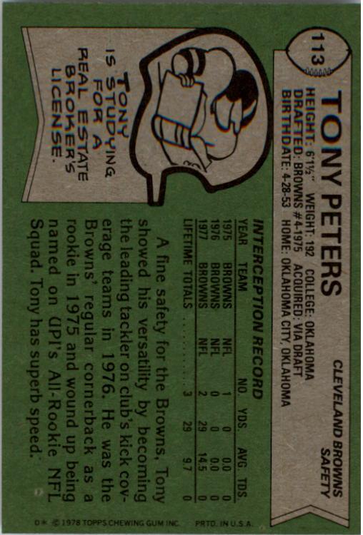 1978 Topps #113 Tony Peters RC back image