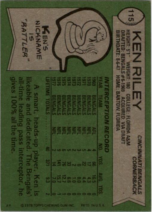 1978 Topps #115 Ken Riley back image