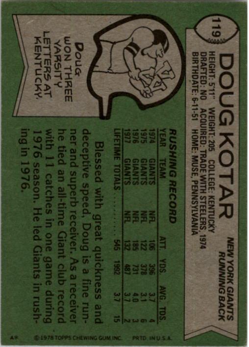 1978 Topps #119 Doug Kotar back image